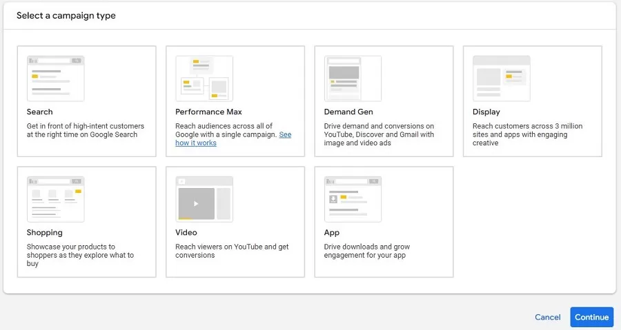 how to run google ads - google ads campaign types options screenshot