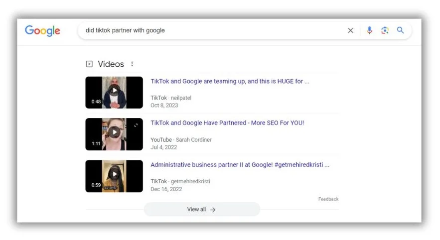 TikTok SEO - TikTok videos showing in Google results.