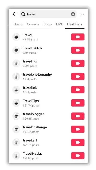 TikTok SEO - Hashtag suggestions in TikTok search.