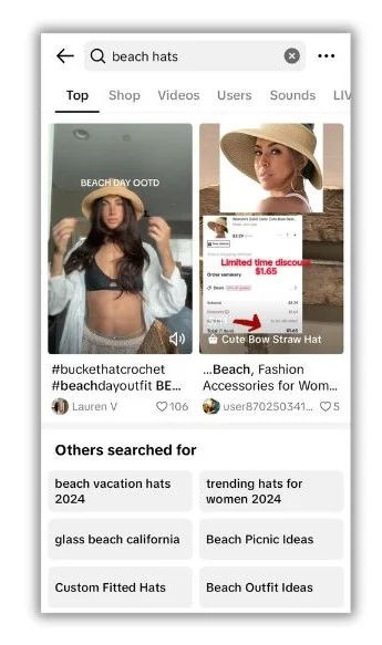 TikTok SEO - TikTok search results for beach hats.