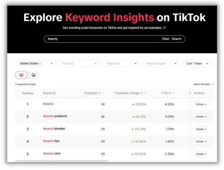 TikTok SEO - Keyword Insights page