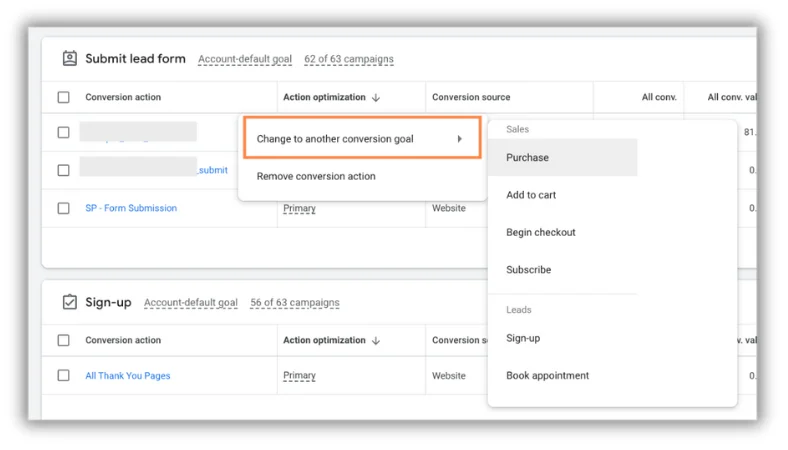 change to another goal in google ads conversion tracking