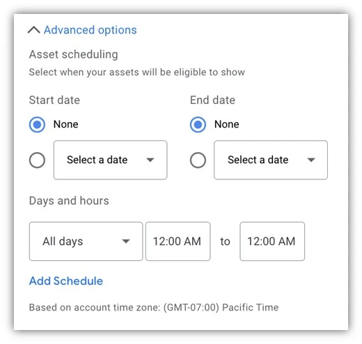 google ads promotion asset - asset schedule settings 