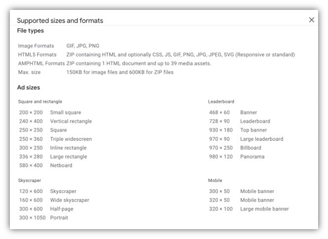 promos in google ads - display ad sizes