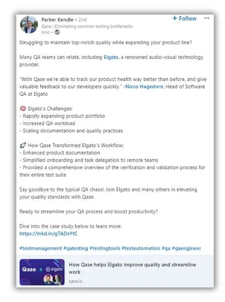 Content repurposing - LinkedIn post promoting Qase content.