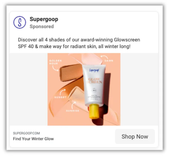 example of facebook ad copywriting for glowscreen from supergoop