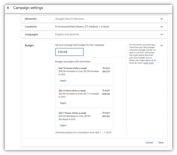 google ads budget setting