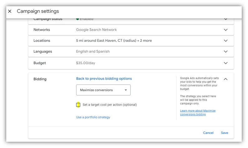 maximize conversions campaign setting in google ads