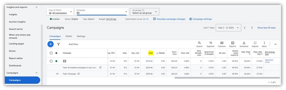 google ads spend cost column in platform