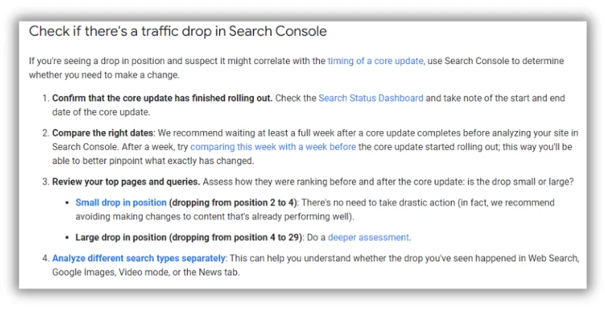 google suggestion to check traffic in search console for august core update