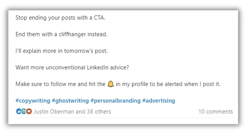 call to action ideas - LinkedIn post about cliffhanger CTAs