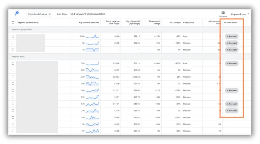 google ads keyword account status