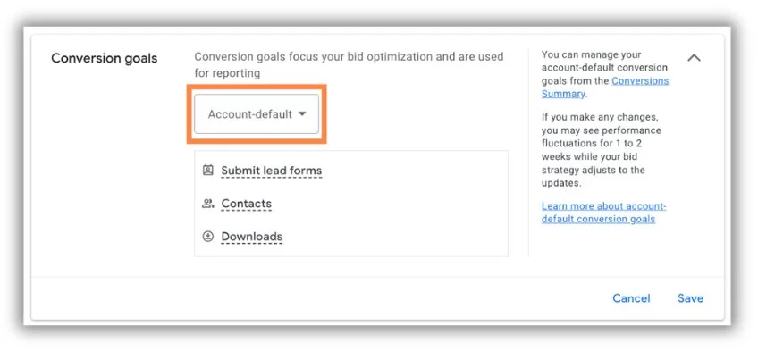 account default conversion goals for google ads audit