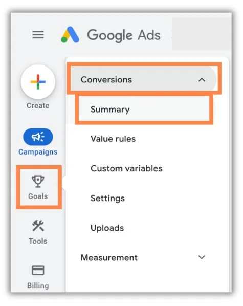 conversion goals summary in google ads for google ads audit