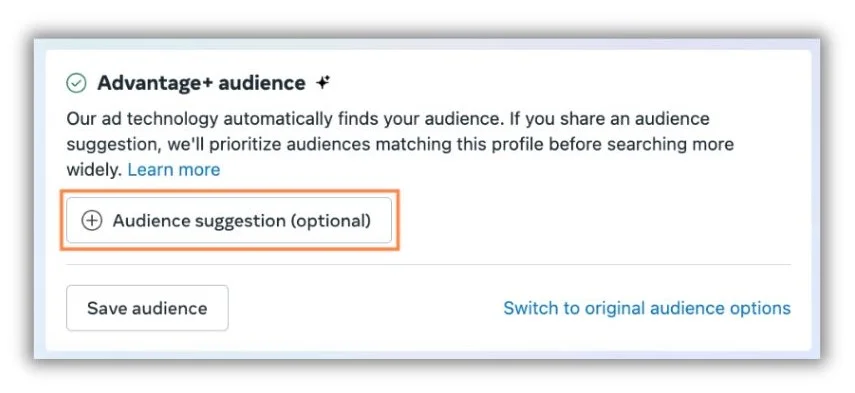 Instagram ad targeting Ads Manager screen with Advantage audience guided option.