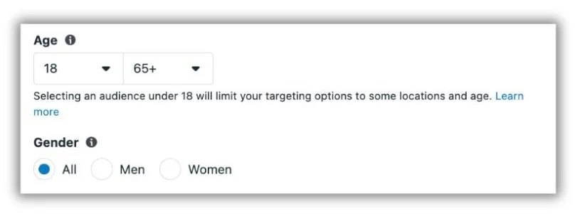 Instagram ad targeting Ads Manager screen for choosing age and gender.