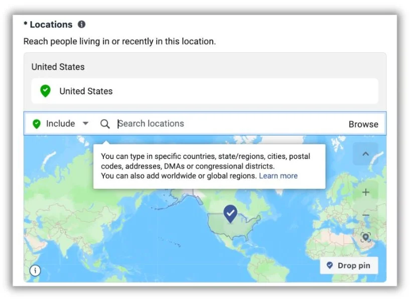 Instagram ad targeting Ads Manager screen with location map.