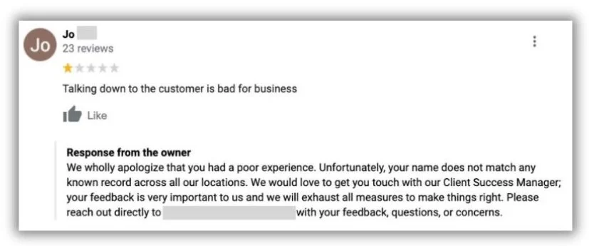 Expert marketing tips - screenshot of a negative review.