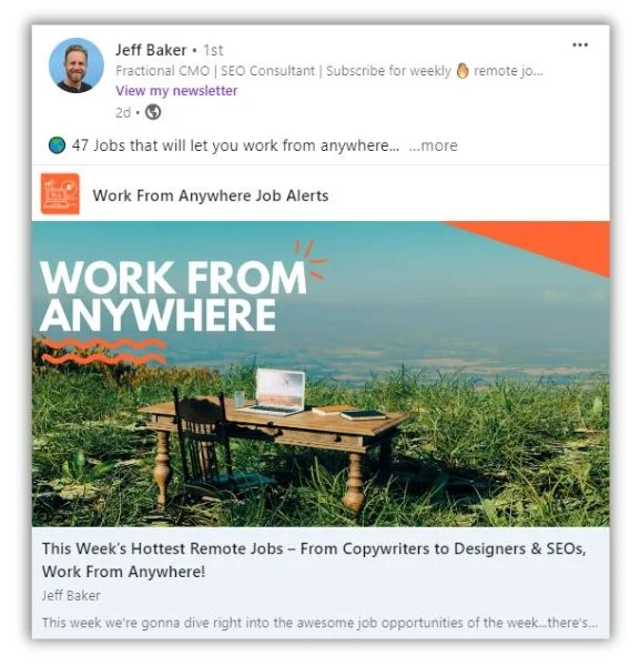 Expert marketing tips - Screenshot of Jeff Baker's LinkedIn post.