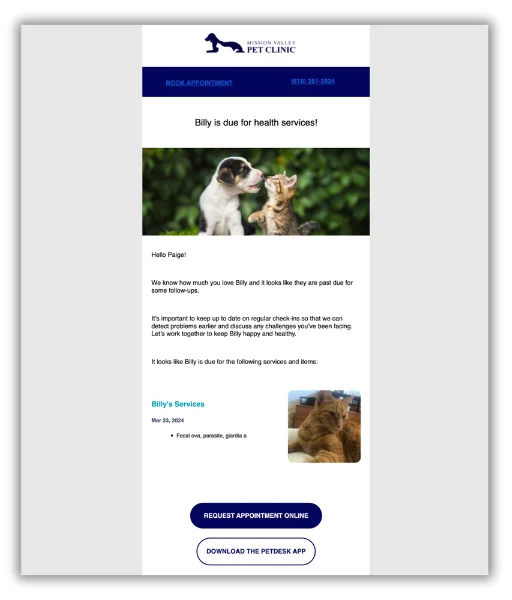 appointment reminder nurture email from vet