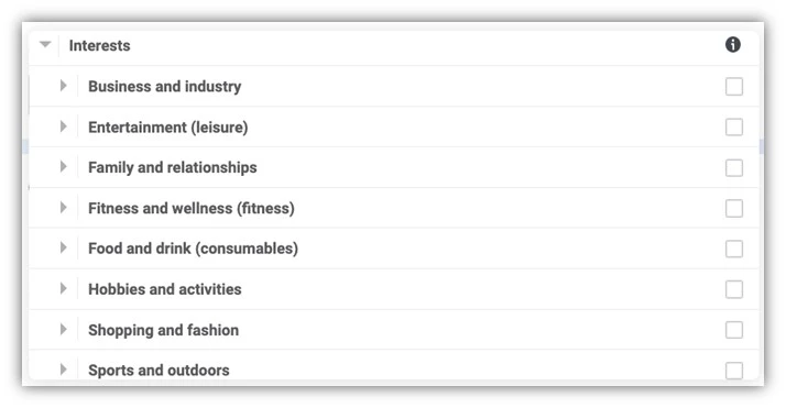 facebook ad targeting - interests drop down