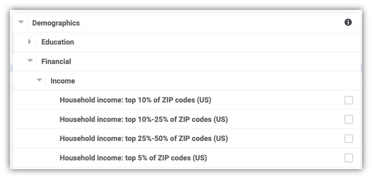 facebook ads targeting - demographics dropdown