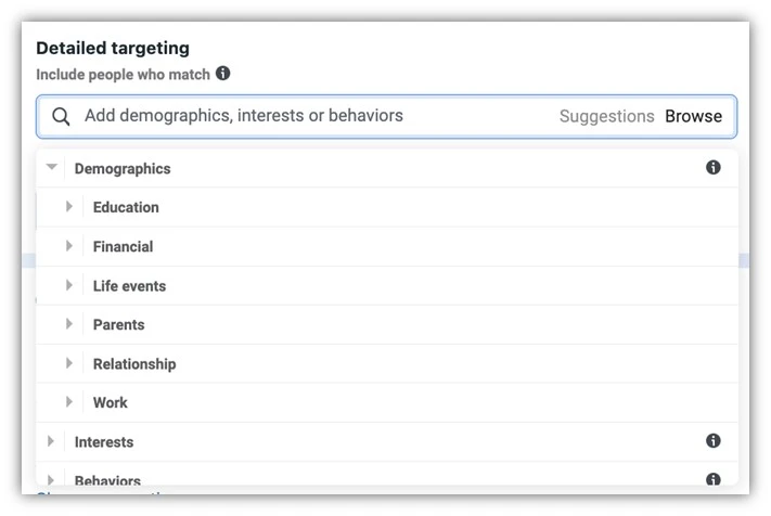 facebook ads targeting - demographics overall choices screenshot