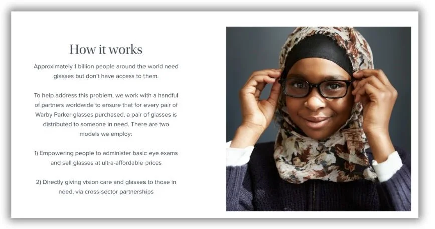 Purpose-driven marketing - Warby Parker page.