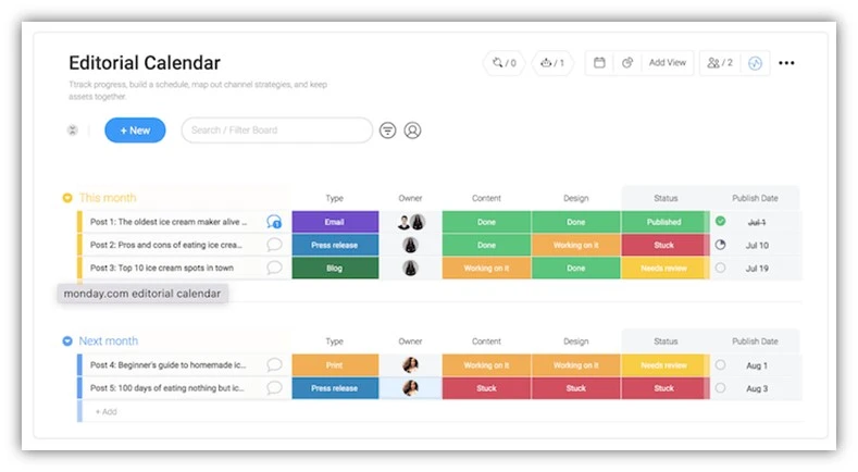 content plan - example content calendar