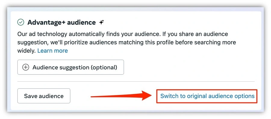 meta advantage+ - example of opting in or out of advantage audiences