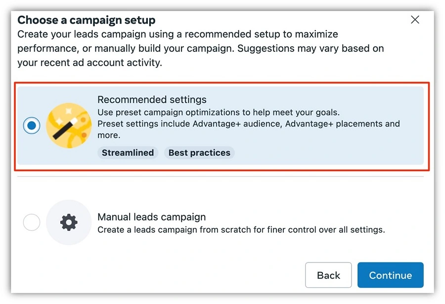 meta advantage+ - meta advantage recommended campaign settings screenshot