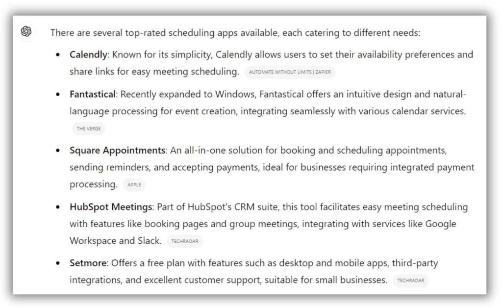 AI in marketing - list of scheduling apps on ChatGPT.