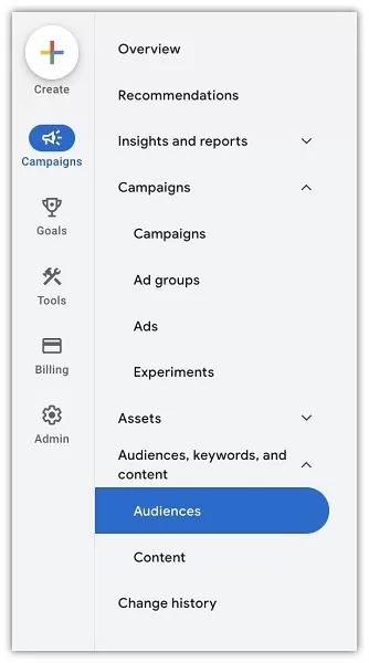 google ads audience audit - screenshot of google ads menu