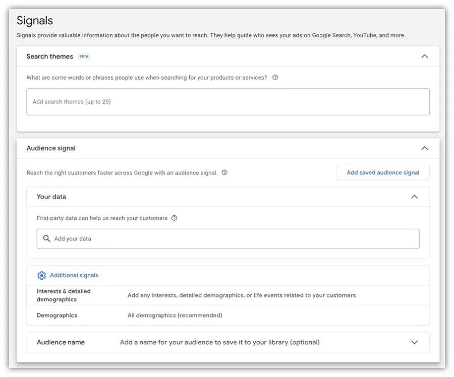 google ads audit - audience signals screenshot