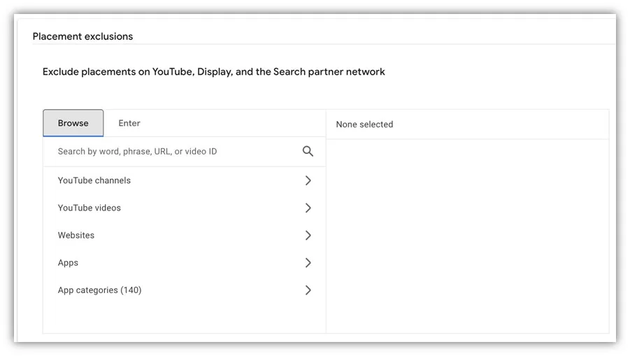 google ads performanxe max audit - placement exclusions