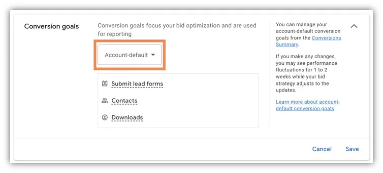 google ads audit - conversion goal settings