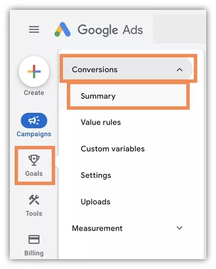 google ads audit - goals summary screenshot