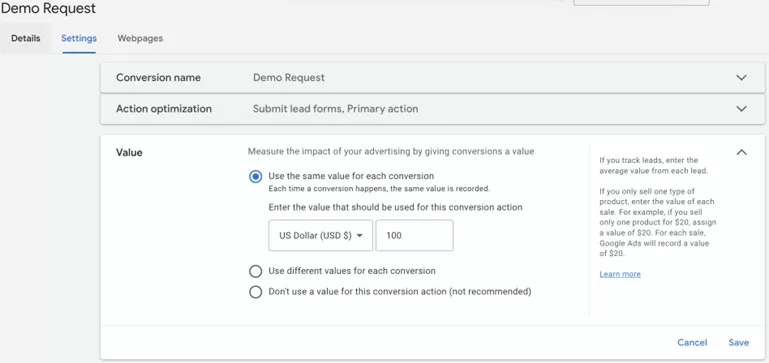 google ads conversion values - conversion value section in google ads