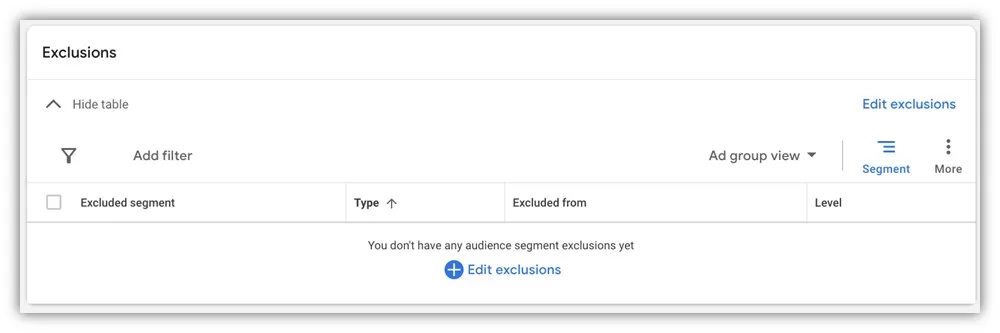 google ads display and video audit - audience exclusions