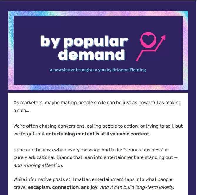 Marketing newsletters - screenshot from By Popular Demand.