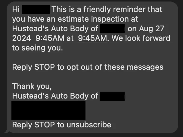 sms marketing example from auto shop about inspection