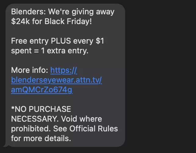 sms marketing example from blenders about contest