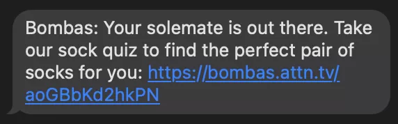 sms marketing example from bombas with quiz link