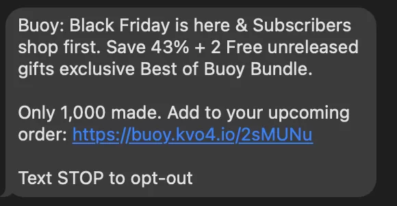 sms marketing example from buoy for black friday