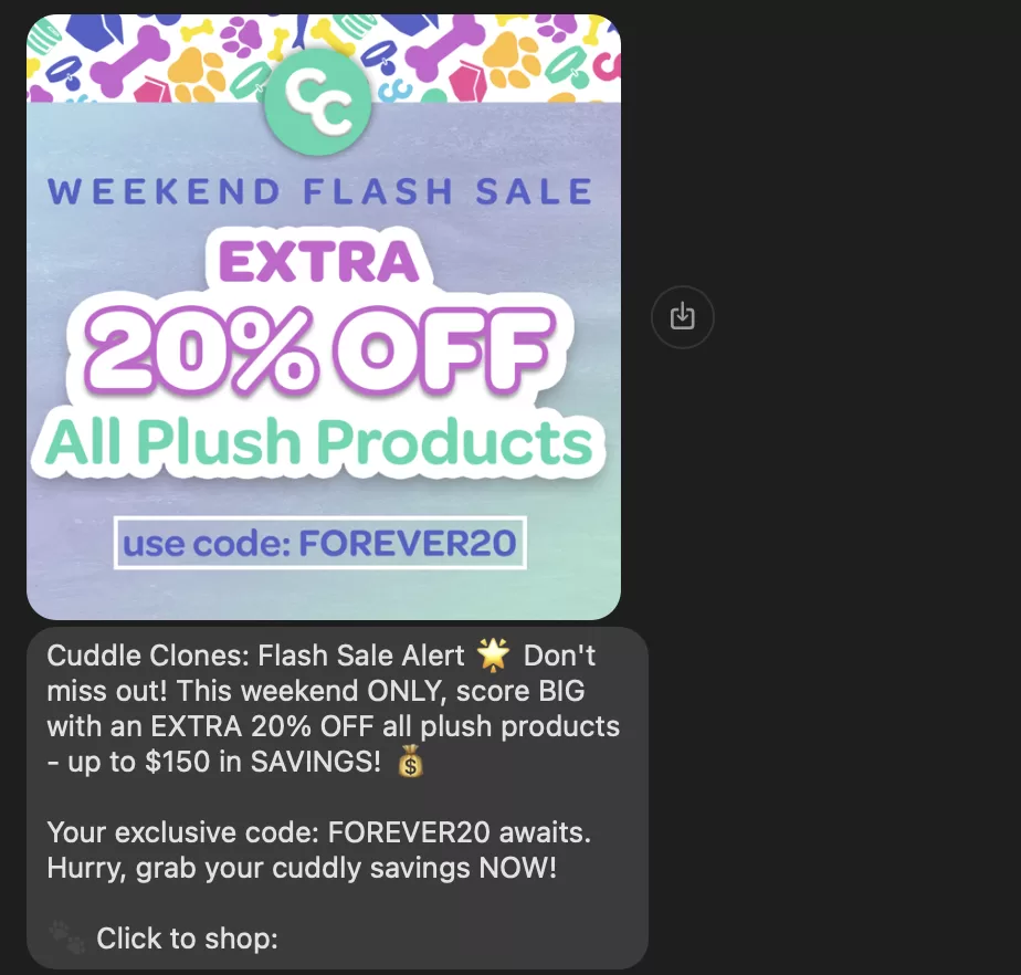 sms marketing example from cuddle clones for a flash sale