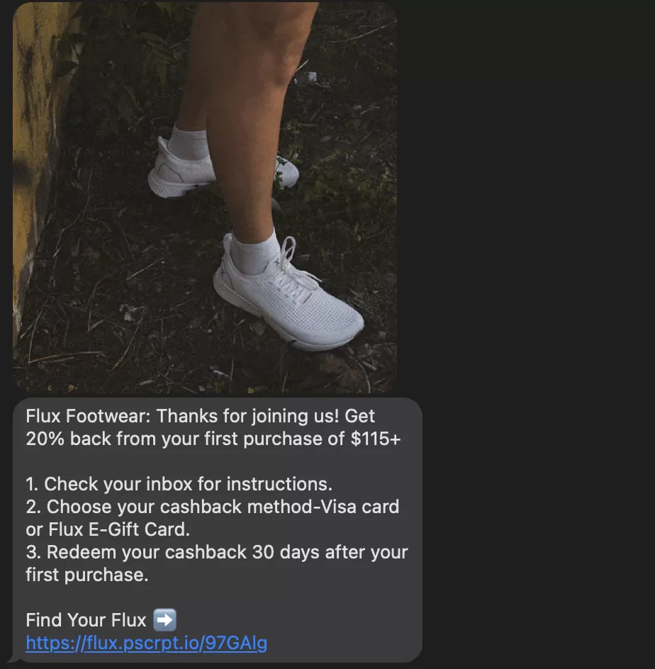 sms marketing example from flux footwear about customer incentive program