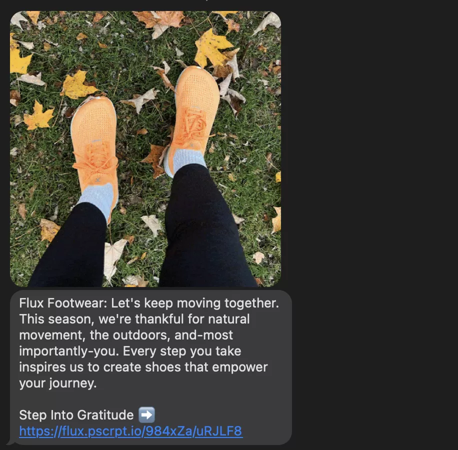 sms marketing example from flux footwear for thanksgiving