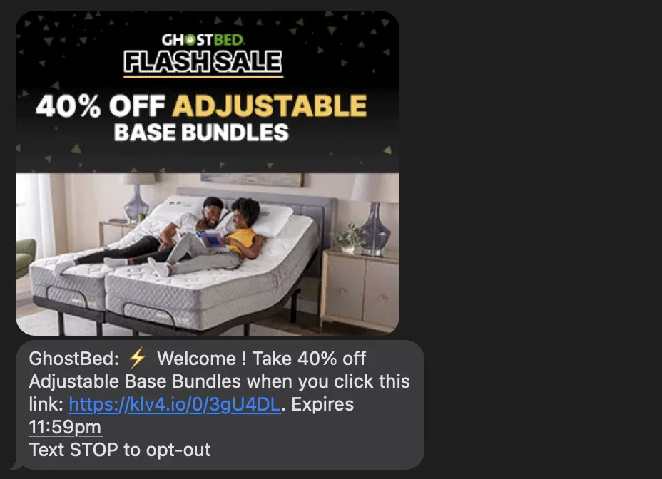 sms marketing example from ghostbed about limited time offer sale