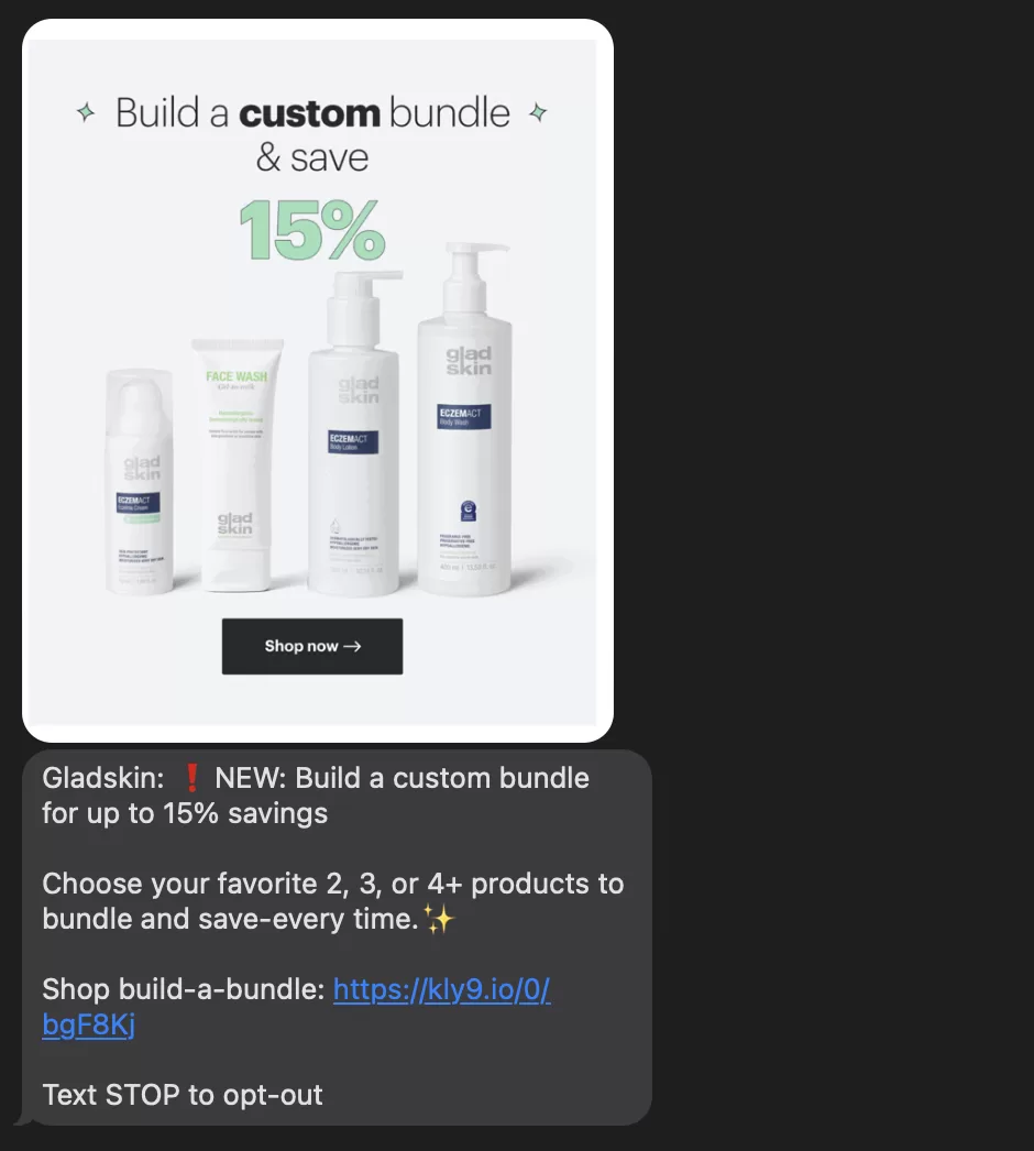 sms marketing example from gladskin to build bundle