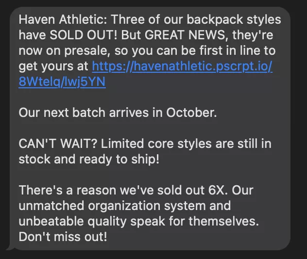 sms marketing example from haven athletic